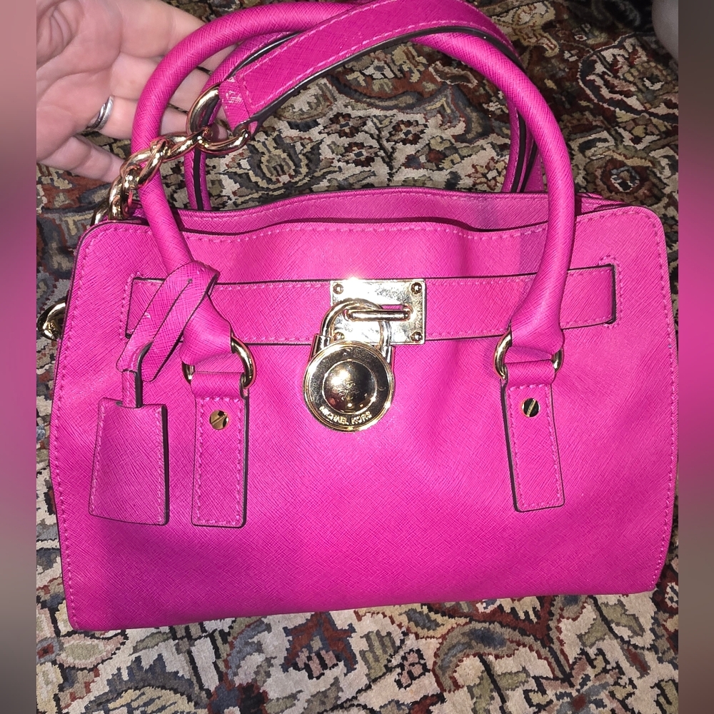 Michael Kors Hot Pink Hamilton Satchel with Gold Lock & Key.